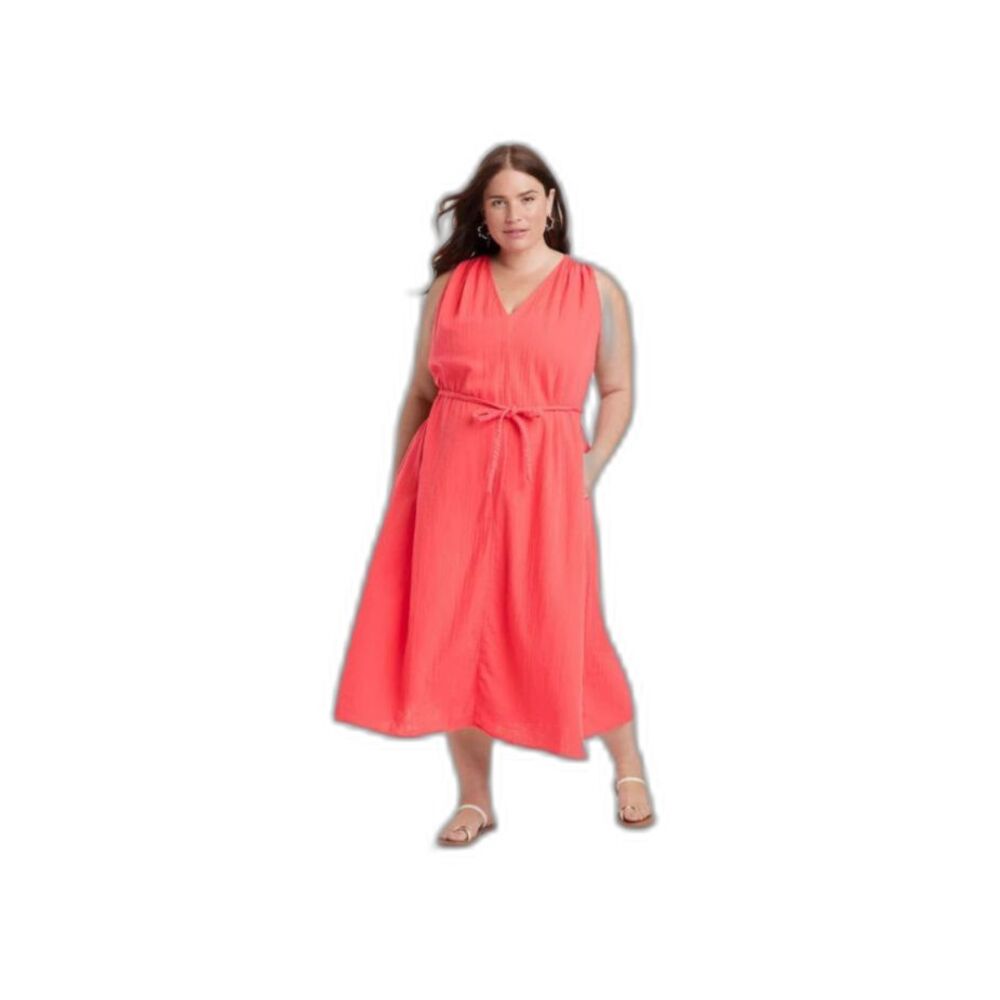 Women's Belted Gauze Midi A-Line Dress -Universal Thread- Coral Red Size M